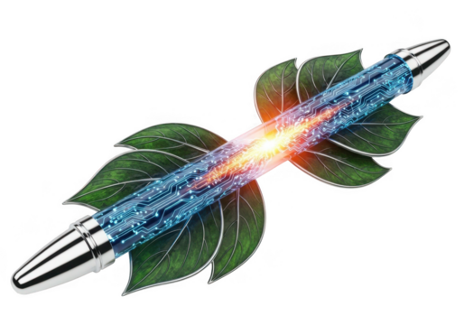 Eco friendly technology concept pen with circuit board inside isolated on transparent background for innovation and research