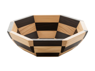 Handcrafted octagonal wooden bowl with checkerboard pattern