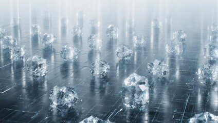 3D rendered array of crystal-like structures on a reflective surface, bathed in soft light