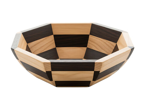 Handcrafted octagonal wooden bowl with checkerboard pattern