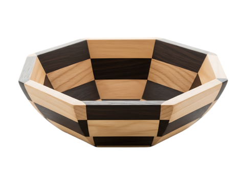 Handcrafted octagonal wooden bowl with checkerboard pattern