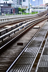 Fototapeta premium Close-up of the rail road in Bangkok, Thailand. Bangkok BTS skytrain rail road. Cityscape, travel and transportation concept.