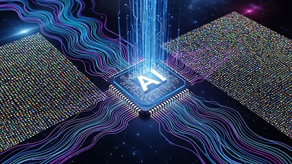 Artificial Intelligence Data Processing on Futuristic Processor with Flowing Information Streams and Abstract Data Representation Concept illustrating the power of neural networks