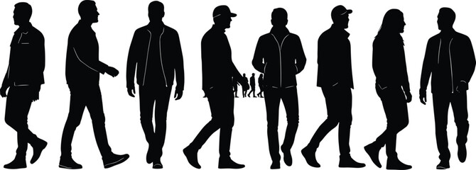 Silhouettes of diverse walking people in casual clothing, showcasing various poses and movements, representing urban lifestyle, motion, street activity, and modern culture