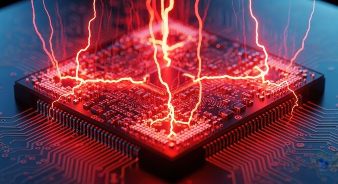 High Speed CPU Processor Red Lightning Strike on Futuristic Circuit Board - Powered by Adobe