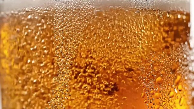 Close-up of golden beer with bubbles and condensation on glass