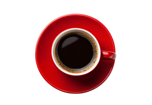 Black coffee in red cup and saucer top view, isolated on a transparent background - Powered by Adobe