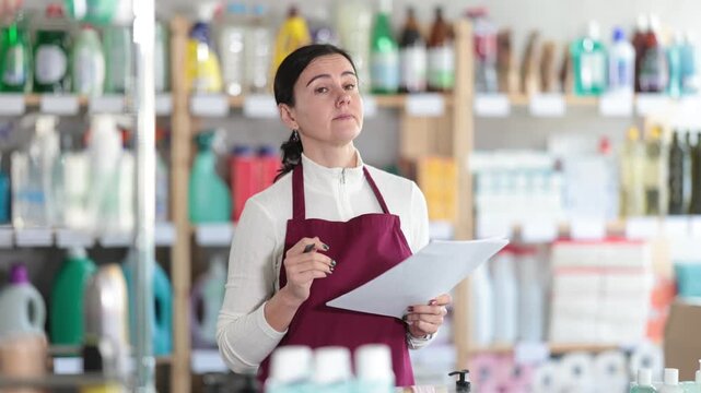 Trainee saleswoman reacts emotionally to the paperwork, she is irritated and dissatisfied. Woman experiences burnout at work. Salesperson works with papers in the warehouse of a household compartment