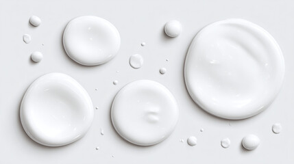 A close-up view of multiple drops of a white, creamy substance, showcasing textures and shapes.