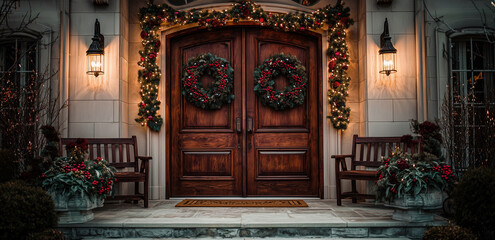 Fototapeta premium Christmas wreaths and decorations on front door of homes in warm desert climate.