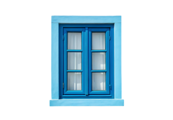 Rustic blue wooden window frame with six glass panes, isolated on a transparent background