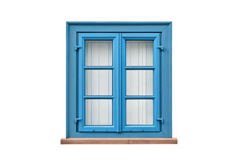 Fototapeta premium Blue painted cottage window with shutters and wooden sill, isolated on a transparent background