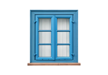 Blue painted cottage window with shutters and wooden sill, isolated on a transparent background