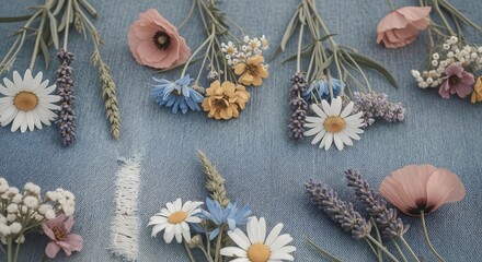 Delicate floral bouquets and individual wildflowers arranged artfully on a textured denim background