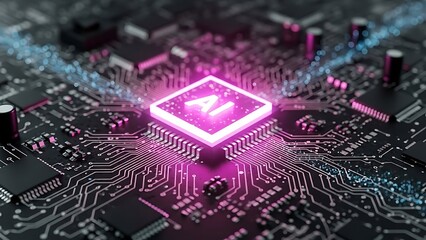 Artificial Intelligence Integration on Circuit Board with Glowing Pink Accent The Future of Technology and Data Processing in Computing and Innovation Concepts