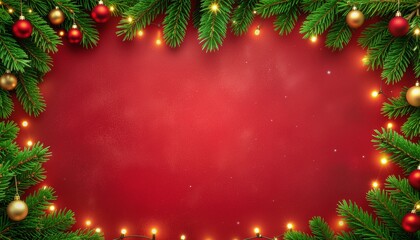 Christmas background with xmas tree frame  and sparkle bokeh lights on red canvas background with middle copy space