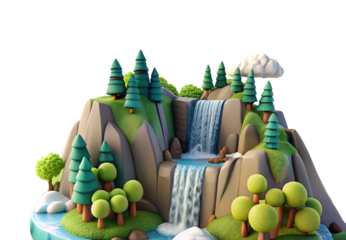 Landscape with waterfalls, pine trees, rocks, and mountains, isolated on a transparent background