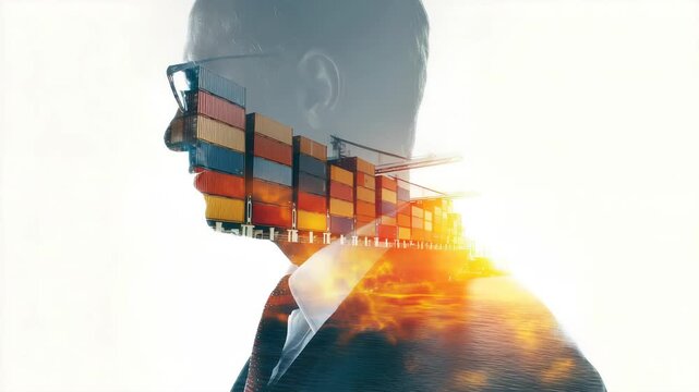Double exposure photography of engineer man and the business Logistics and transportation of Container Cargo ship and Cargo plane with working crane bridge
