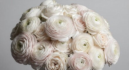 Delicate ranunculus and roses form a stunning floral bouquet in shades of white and blush pink