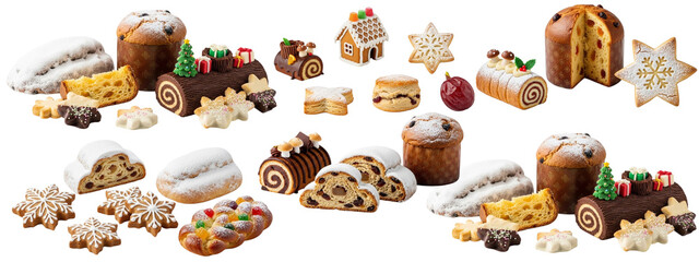 Assorted Christmas Desserts & Pastries – Yule Logs, Stollen & Gingerbread on White Background