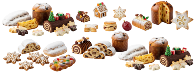 Assorted Christmas Desserts & Pastries – Yule Logs, Stollen & Gingerbread on White Background