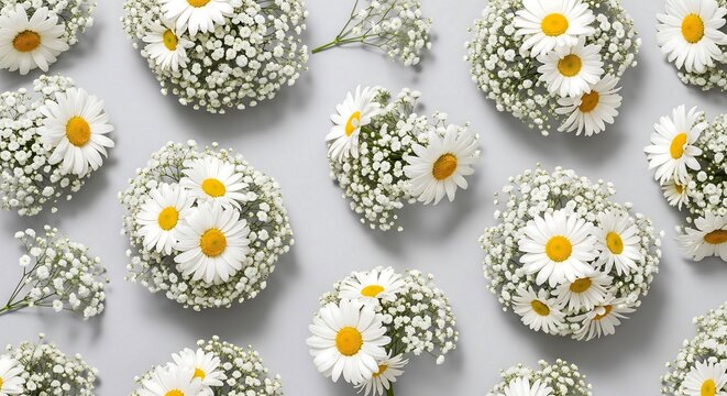 Elegant flat lay of fresh white daisy floral bouquets and delicate baby's breath scattered on a light grey background - Powered by Adobe