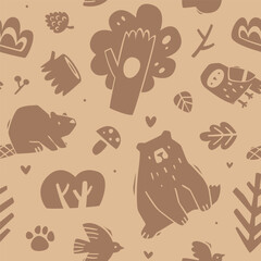 Forest beige pattern with animals. Seamless monochrome silhouette vector print with woodland.