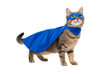 Tabby kitten wearing blue superhero cape and matching eye mask, isolated on a transparent background