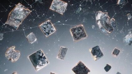 Floating, glowing cubes connected by a network in a dark space, creating an abstract digital composition