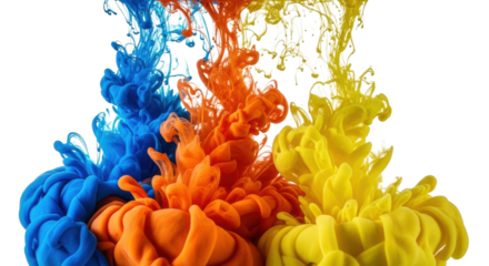 Vibrant electric blue, fiery orange, lemon yellow ink plumes actively spreading in clear water against a transparent background, photorealistic macro liquid art. Dynamic color diffusion