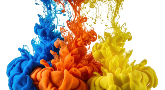 Vibrant electric blue, fiery orange, lemon yellow ink plumes actively spreading in clear water against a transparent background, photorealistic macro liquid art. Dynamic color diffusion