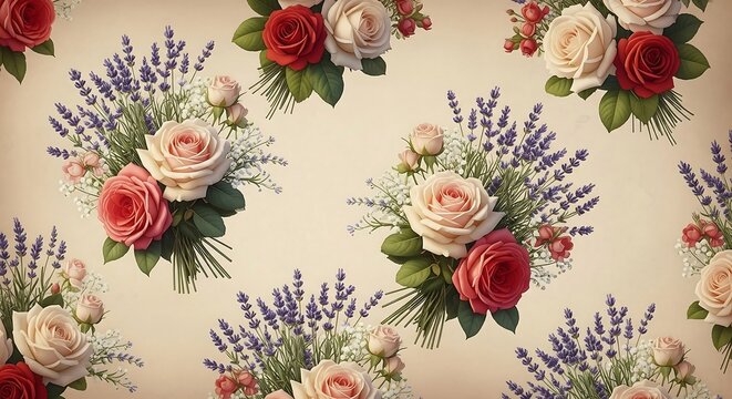 Elegant floral bouquets of pink, cream, and red roses with lavender and baby's breath form a delicate seamless pattern - Powered by Adobe