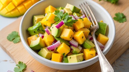 Fresh and vibrant mango avocado salsa in a white bowl with red onion and cilantro, served on a wooden board. Tropical, healthy, and colorful appetizer or side dish.