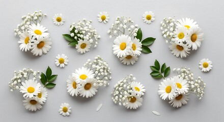 Elegant floral bouquets on a gray backdrop showcase daisies and baby's breath