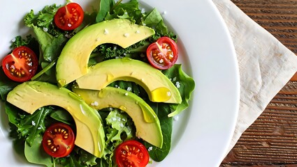 Fresh avocado and cherry tomato salad with kale and olive oil on a white plate, served on a rustic wooden table. Healthy, vegan, and diet-friendly meal concept.