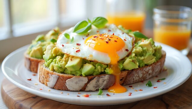 Two slices of toasted bread topped with smashed avocado, a perfectly fried egg with a runny yolk, and chili flakes. Healthy and trendy breakfast or brunch concept with orange juice.