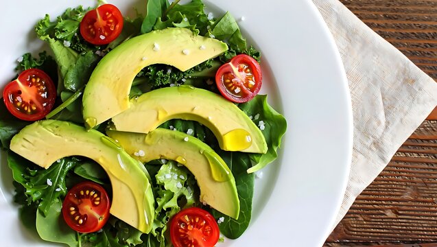 Fresh avocado and cherry tomato salad with kale and olive oil on a white plate, served on a rustic wooden table. Healthy, vegan, and diet-friendly meal concept.