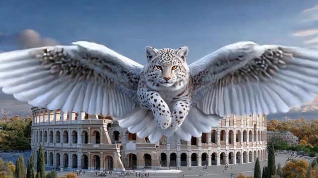 Italian Brainrot, 3D owl with angel wings flying above Colosseum, pixel glitch clouds, maximalist surreal meme art, whimsical chaotic composition, copy space