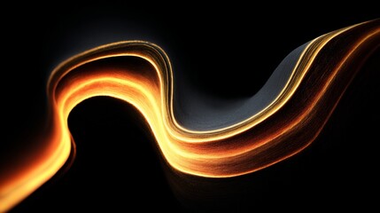 Glowing wavy lines, fiery golden light trails, fluid dynamic forms against stark black backdrop
