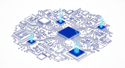 Abstract visualization of a high-tech processor at the heart of an intricate circuit board, illustrating concepts of digital connectivity, data flow, and sophisticated computing power