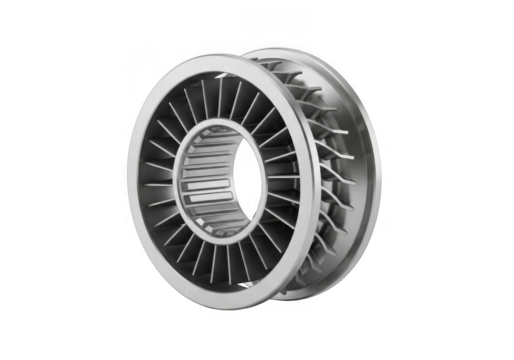 Metal turbine fan wheel isolated on transparent background for aerospace and automotive applications