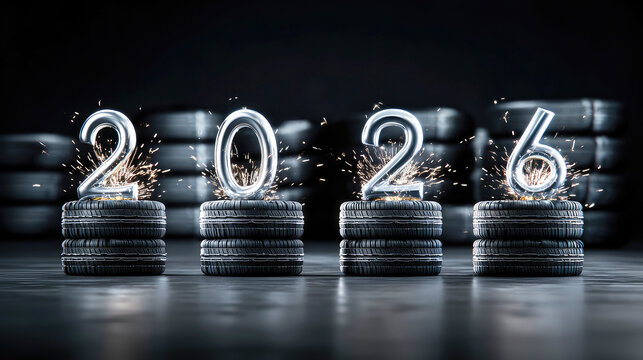Fototapeta Festive concept for tire shops, car dealerships, and auto repair shops. Illuminated numbers 2026 against a wheels black background. New Year and Christmas