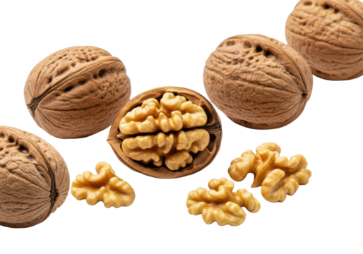 High-key macro close-up of whole and cracked walnuts with textured shells and brain-like kernels on transparent background, soft shadows, product isolation, concept of natural food purity