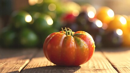 Farmer's hand carefully touching a fresh ripe tomato with water drops on a rustic wooden table in warm sunset light - Powered by Adobe