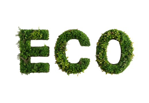 ECO letters crafted from living moss and natural foliage, isolated on a transparent background - Powered by Adobe