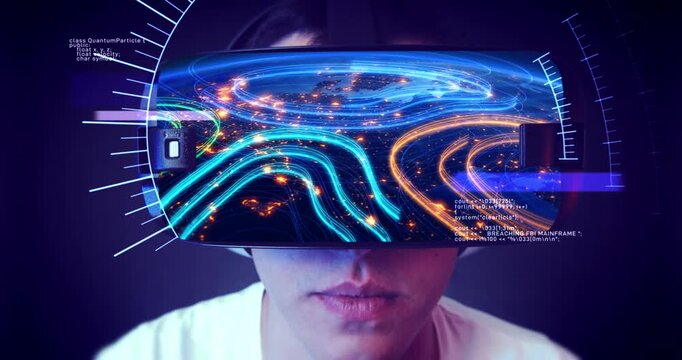 Digital Earth from space visualized inside futuristic VR headset display. Technology Related 3D Concept.