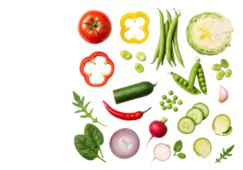 Vibrant red tomato, yellow bell pepper, spinach, arugula, radish, brussels sprout, garlic, assorted fresh vegetables scattered flat lay on white with copy space. Concept of healthy food