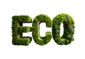ECO text made of green foliage and plants, isolated on a transparent background
