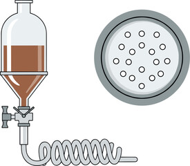 Laboratory illustration featuring a separatory funnel with coiled tubing and a circular filter plate used for scientific liquid separation processes
