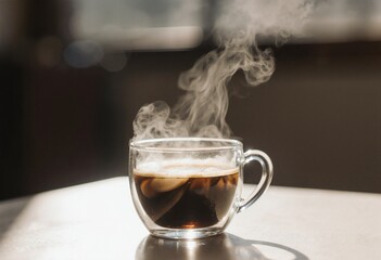 Extreme closeup of a clear glass cup filled with steaming coffee, relaxation concept